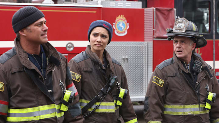 CHICAGO FIRE -- "All the Dark" Episode 12008 -- Pictured: (l-r) Taylor Kinney as Kelly Severide, Miranda Rae Mayo as Stella Kidd, David Eigenberg as Christopher Herrmann -- (Photo by: Adrian S Burrows Sr/NBC)