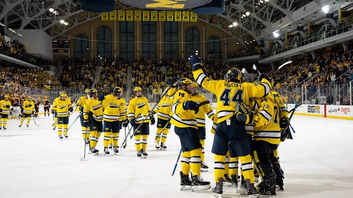 Michigan celebrates its Senior Night win against Minnesota on Feb. 27, 2026, to reclaim the Mariucci-Renfrew Trophy for the first since 2021-22. Michigan celebrates its Senior Night win against Minnesota on Feb. 27, 2026, to reclaim the Mariucci-Renfrew Trophy for the first since 2021-22.
