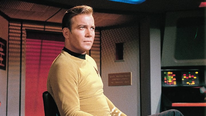 Pictured:  William Shatner as Captain James T. Kirk (Gold shirt) and Leonard Nimoy as Mr. Spock (Blue Shirt) in STAR TREK (The Original Series)