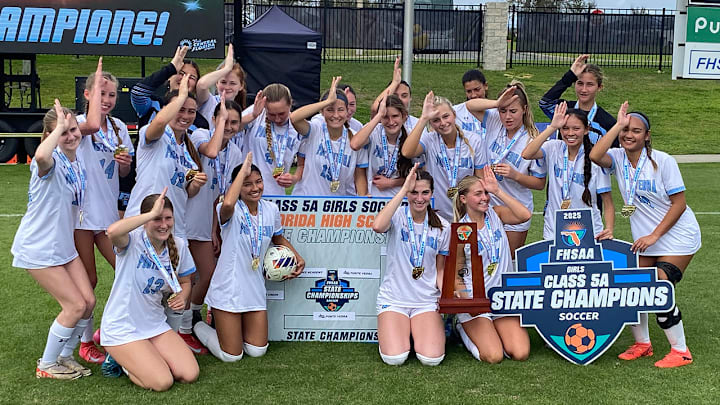 The Ponte Vedra girls soccer team had their fins  up while celebrating its victory in the 2025 FHSAA Class 5A girls soccer state championship game.