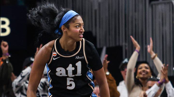 Oct 7, 2026; Atlanta, Georgia, USA;  Atlanta Dream forward Angel Reese (5) celebrates a shot against the New York Liberty during the fourth quarter of game two of the second round for the 2026 WNBA Playoffs at State Farm Arena.  Mandatory Credit: Jordan Godfree-Imagn Images