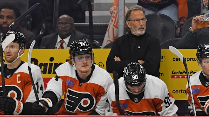 Nov 20, 2024; Philadelphia, Pennsylvania, USA; Philadelphia Flyers head coach John Tortorella against the Carolina Hurricanes at Wells Fargo Center. Mandatory Credit: Eric Hartline-Imagn Images