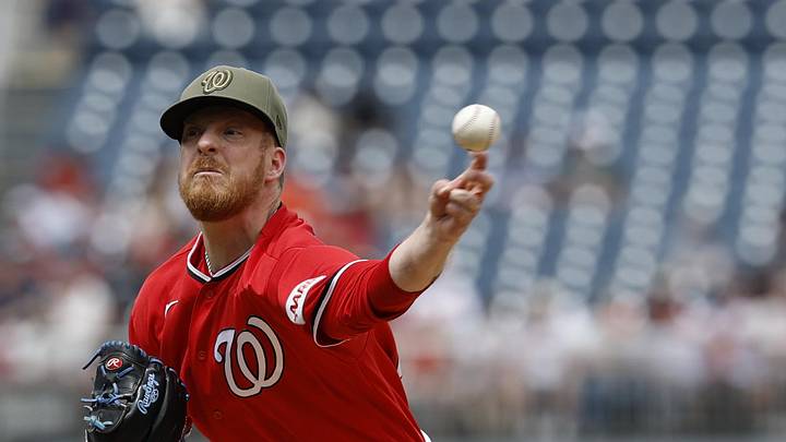 May 17, 2026; Washington, District of Columbia, USA; Washington Nationals starting pitcher Richard Lovelady (55) pitches against the Baltimore Orioles during the second inning at Nationals Park. Mandatory Credit: Geoff Burke-Imagn Images