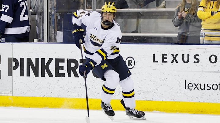 March 8, 2025; Ann Arbor, Michigan, USA; Michigan Wolverines forward Will Horcoff (44) handles the puck during the first period against the Penn State Nittany Lions at Yost Ice Arena. Mandatory Credit: Brian Bradshaw Sevald-Imagn Images March 8, 2025; Ann Arbor, Michigan, USA; Michigan Wolverines forward Will Horcoff (44) handles the puck during the first period against the Penn State Nittany Lions at Yost Ice Arena. Mandatory Credit: Brian Bradshaw Sevald-Imagn Images