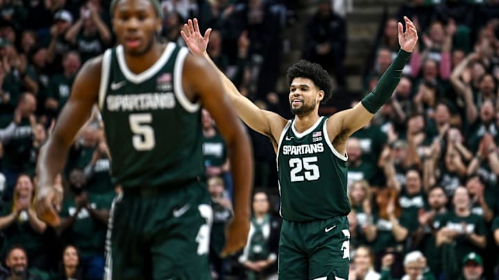 Michigan State's Malik Hall celebrates after a 3-pointer against Penn State during the first half on