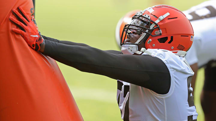 Cleveland Browns defensive tackle Perrion Winfrey participates in drills during the NFL football team's rookie minicamp in Berea