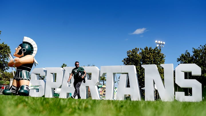A blow-up Sparty and Spartans letters are on display at Munn Field before Michigan State's football game against Arizona State on Saturday, Sept. 14, 2019, in East Lansing.

1909014 Msu Asu 004a