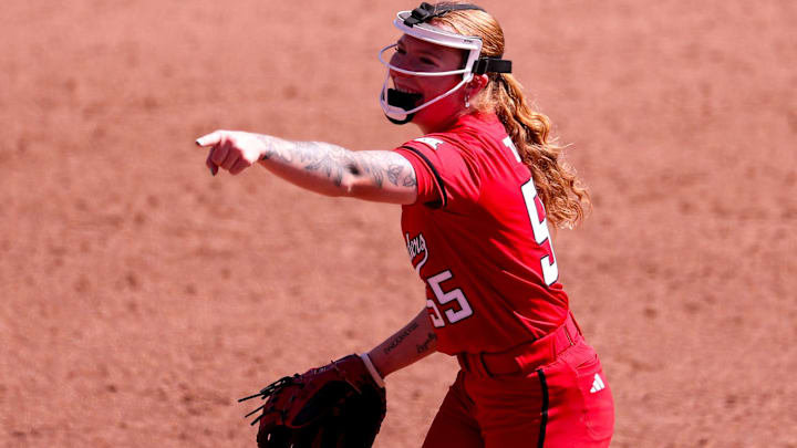 Texas Tech's Kaitlyn Terry celebrates a strikeout against Arizona during a Big 12 Conference softball game, Saturday, March 14, 2026, at Rocky Johnson Field.