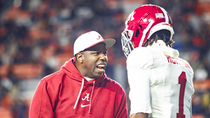 Alabama coach JaMarcus Shephard preps wide receiver Isaiah Horton for the Iron Bowl on November 29, 2025.