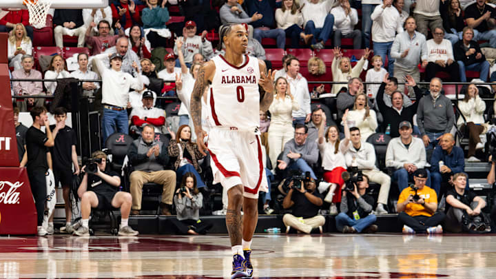 Alabama guard Labaron Philon Jr celebrates a made 3-pointer in the second half of the game against Tennessee on Jan. 24, 2026.