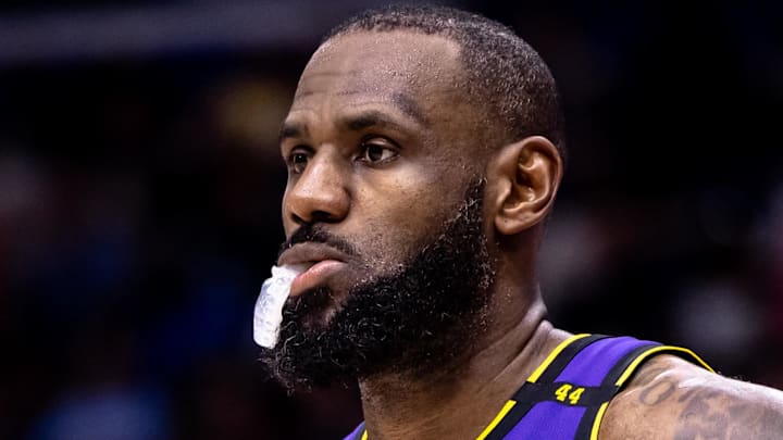 Nov 16, 2024; New Orleans, Louisiana, USA;  Los Angeles Lakers forward LeBron James (23) looks on against the New Orleans Pelicans during the second half at Smoothie King Center. Mandatory Credit: Stephen Lew-Imagn Images