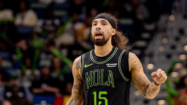 Dec 11, 2025; New Orleans, Louisiana, USA;  New Orleans Pelicans guard Jose Alvarado (15) brings the ball up court against the Portland Trail Blazers during the second half at Smoothie King Center. Mandatory Credit: Stephen Lew-Imagn Images