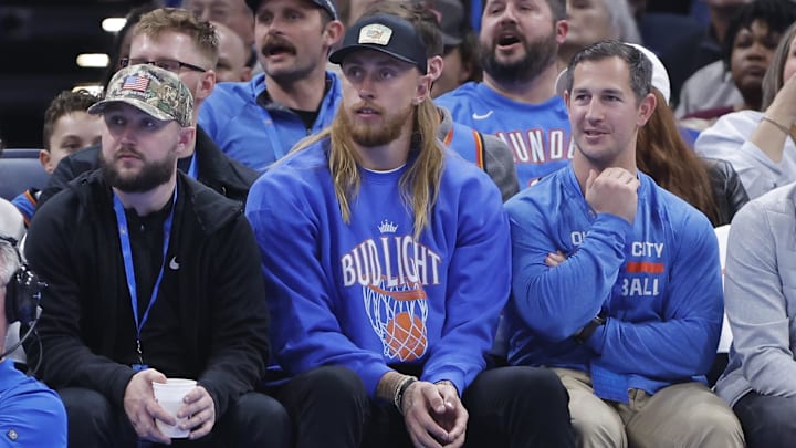 Mar 3, 2025; Oklahoma City, Oklahoma, USA; San Francisco 49's tight end George Kittle watches a game between the Houston Rockets and Oklahoma City Thunder during the second half at Paycom Center. Mandatory Credit: Alonzo Adams-Imagn Images Mar 3, 2025; Oklahoma City, Oklahoma, USA; San Francisco 49's tight end George Kittle watches a game between the Houston Rockets and Oklahoma City Thunder during the second half at Paycom Center. Mandatory Credit: Alonzo Adams-Imagn Images