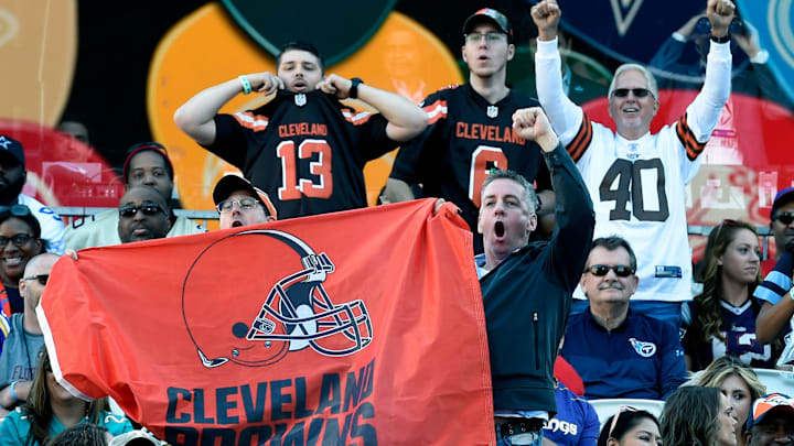 Cleveland Browns fans cheer after the team selected cornerback Greedy Williams during the NFL Draft second round on Friday, April 26, 2019, in Nashville, Tenn.

Nas Nfl Friday 005