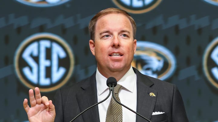 Jul 17, 2025; Atlanta, GA, USA; Missouri Tigers head coach Eliah Drinkwitz talks to the media during the SEC Media Days at Omni Atlanta Hotel. Mandatory Credit: Jordan Godfree-Imagn Images