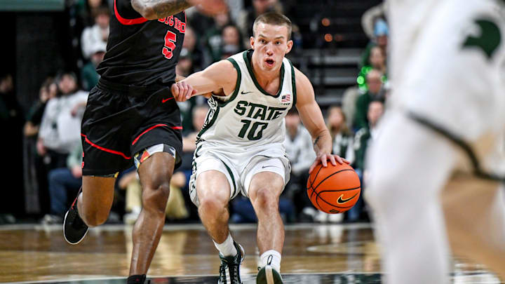 Michigan State's Denham Wojcik, right, moves the ball as Cornell's Jacob Beccles defends during the second half on Monday, Dec. 29, 2025, at the Breslin Center in East Lansing.