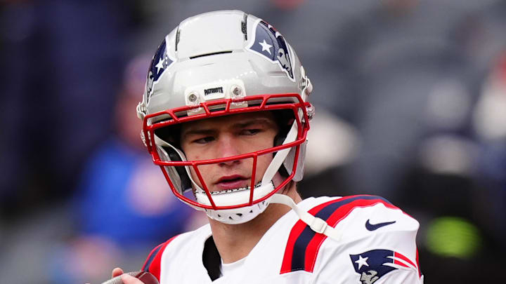 Jan 25, 2026; Denver, CO, USA; New England Patriots quarterback Drake Maye (10) practices before the 2026 AFC Championship Game at Empower Field at Mile High. Mandatory Credit: Ron Chenoy-Imagn Images