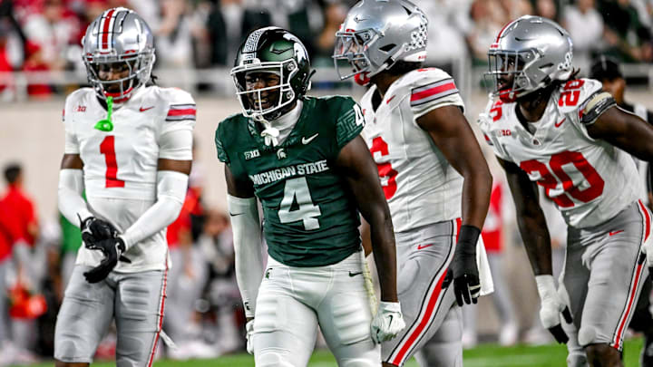 Michigan State's Jaron Glover celebrates after a first down catch against Ohio State during the second quarter on Saturday, Sept. 28, 2024, at Spartan Stadium in East Lansing.
