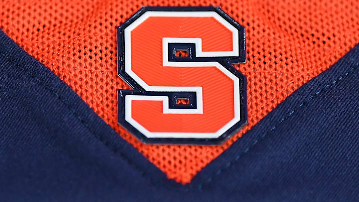 Nov 25, 2023; Syracuse, New York, USA; Detailed view of a Syracuse Orange logo on a jersey prior to the game against the Wake Forest Demon Deacons at the JMA Wireless Dome. Mandatory Credit: Rich Barnes-Imagn Images