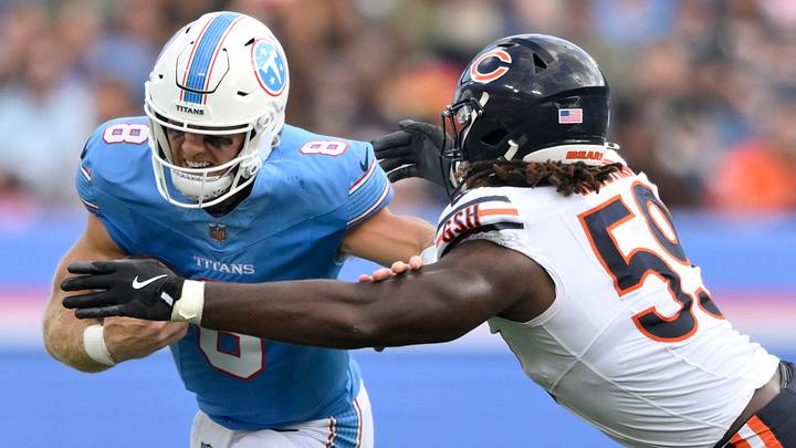 Aug 29, 2026; Nashville, Tennessee, USA;  Tennessee Titans quarterback Will Levis (8) runs against Chicago Bears defensive line Jamree Kromah (59) during the second quarter at Nissan Stadium.  Mandatory Credit: Steve Roberts-Imagn Images
