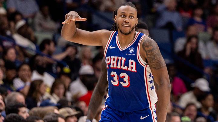 Feb 21, 2026; New Orleans, Louisiana, USA; Philadelphia 76ers forward Jabari Walker (33) reacts to making a three point basket against the New Orleans Pelicans during the second half at Smoothie King Center. Mandatory Credit: Stephen Lew-Imagn Images Feb 21, 2026; New Orleans, Louisiana, USA; Philadelphia 76ers forward Jabari Walker (33) reacts to making a three point basket against the New Orleans Pelicans during the second half at Smoothie King Center. Mandatory Credit: Stephen Lew-Imagn Images