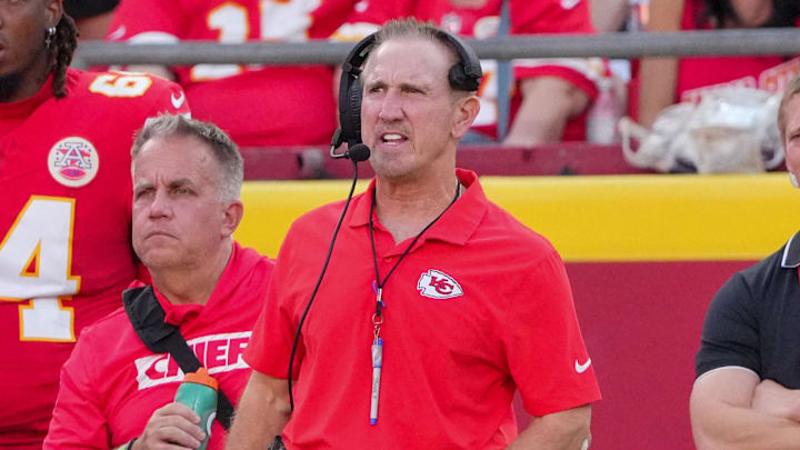 Sep 15, 2024; Kansas City, Missouri, USA; Kansas City Chiefs defensive coordinator Steve Spagnuolo watches play against the Cincinnati Bengals during the game at GEHA Field at Arrowhead Stadium. Mandatory Credit: Denny Medley-Imagn Images