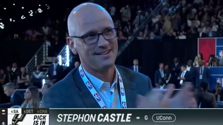 Dan Hurley applauds Stephon Castle, drafted by the San Antonio Spurs with the fourth pick in the NBA draft