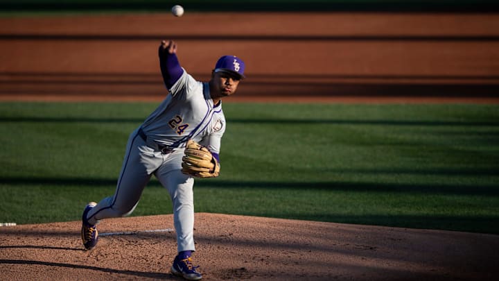 LSU Tigers' Anthony Eyanson (24) pitches the ball as Auburn Tigers take on LSU Tigers at Plainsman Park in Auburn, Ala., on Saturday, April 12, 2025.