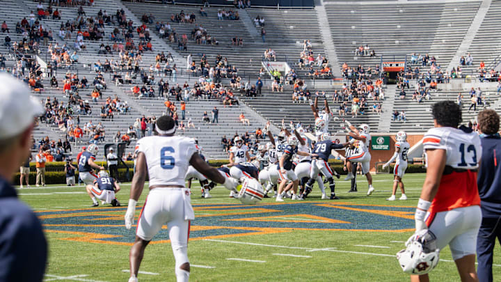 Auburn Tigers kicker Towns McGough (33) kicks the game winning field goal during the A-Day spring