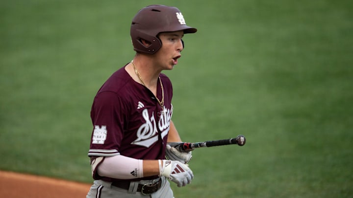 Mississippi State Bulldogs' Ace Reese (3) complains after getting stuck out as Auburn Tigers baseball takes on Mississippi State Bulldogs at Plainsman Park in Auburn, Ala., on Friday, April 25, 2025.