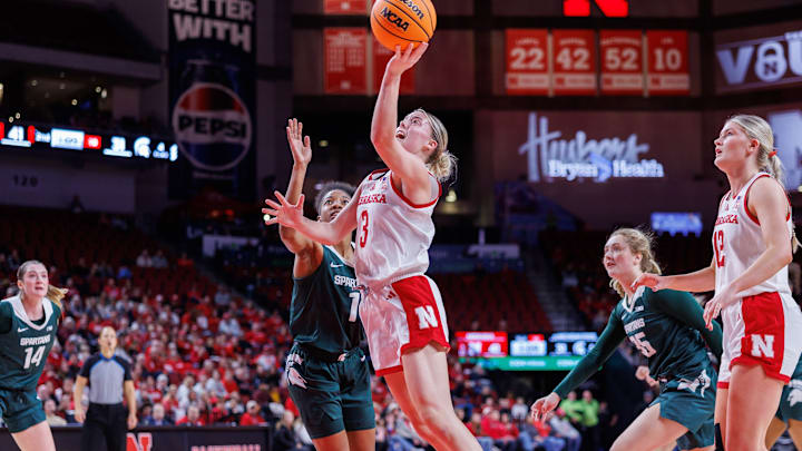 Nebraska guard Allison Weidner shoots the ball against Michigan State at Pinnacle Bank Arena on Jan. 8, 2025.