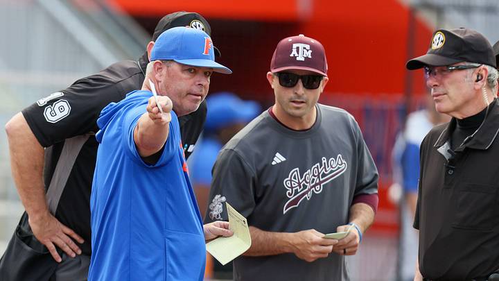 Florida head coach Kevin O'Sullivan talks with Texas A&M head coach Michael Earley before an NCAA baseball game at Condron Family Ballpark at Alfred A. McKethan Field in Gainesville, FL on Friday, April 24, 2026. Florida head coach Kevin O'Sullivan talks with Texas A&M head coach Michael Earley before an NCAA baseball game at Condron Family Ballpark at Alfred A. McKethan Field in Gainesville, FL on Friday, April 24, 2026.