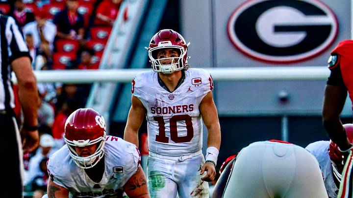 Oklahoma quarterback John Mateer prepares for a snap against Georgia.