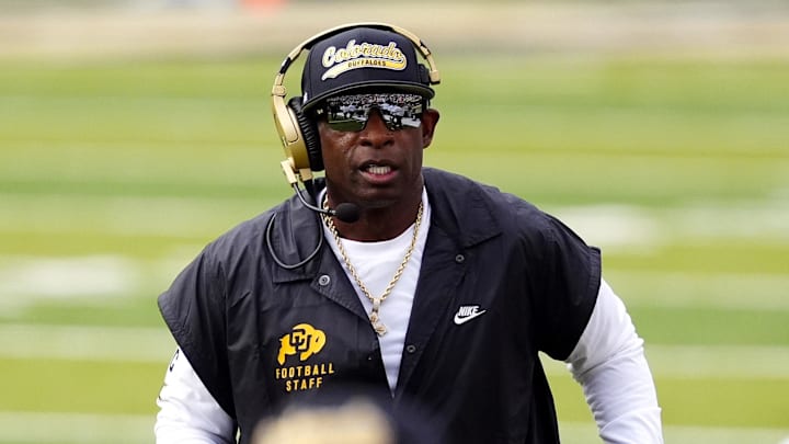 Aug 29, 2025; Boulder, Colorado, USA; Colorado Buffaloes head coach Deion Sanders during the first quarter against the Georgia Tech Yellow Jackets at Folsom Field. Mandatory Credit: Ron Chenoy-Imagn Images