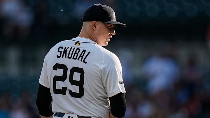 Detroit Tigers pitcher Tarik Skubal (29) looks before throwing against Boston Red Sox during the first inning at Comerica Park in Detroit on Wednesday, May 14, 2025.