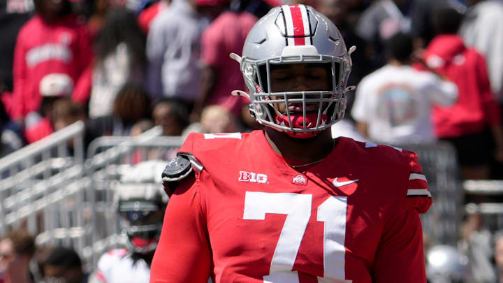 April 13, 2024; Columbus, Ohio, USA; 
Ohio State Buckeyes offensive tackle Josh Simmons (71) competes during the first half of the LifeSports spring football game at Ohio Stadium on Saturday.