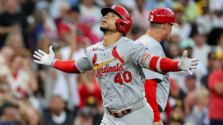 Aug 1, 2025; San Diego, California, USA; St. Louis Cardinals first baseman Willson Contreras (40) hits a solo home run during the fifth inning against the San Diego Padres at Petco Park. Mandatory Credit: Chadd Cady-Imagn Images