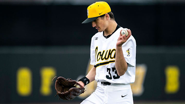 Iowa pitcher Cade Obermueller (33) tosses the ball into his glove during a NCAA baseball game against Loras College, Tuesday, Feb. 28, 2023, at Duane Banks Field in Iowa City, Iowa.

230228 Loras Iowa Bsb 061 Jpg