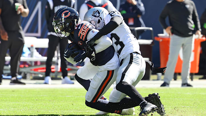Oct 22, 2023; Chicago, Illinois, USA; Chicago Bears wide receiver Tyler Scott (13) makes a catch