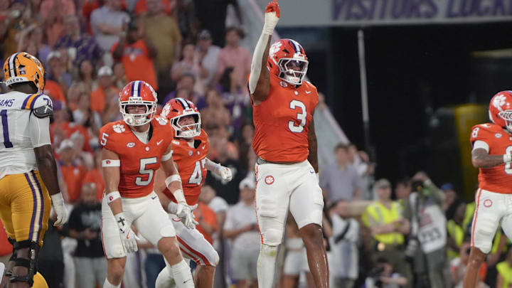 Clemson defensive end T.J. Parker (3) celebrates a tackle against LSU during the first quarter at Memorial Stadium in Clemson, S.C. Saturday, August 30, 2025.