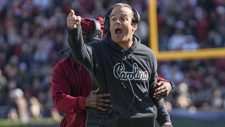South Carolina Head Coach Shane Beamer disputes a pass interference call in the game with Clemson