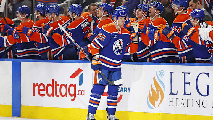 Nov 21, 2024; Edmonton, Alberta, CAN; The Edmonton Oilers celebrate a goal scored by forward Corey Perry (90) during the second period against the Minnesota Wild at Rogers Place. Mandatory Credit: Perry Nelson-Imagn Images