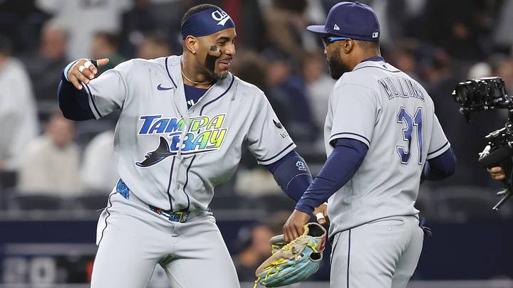 Oct 7, 2026; Bronx, New York, USA; Tampa Bay Rays designated hitter Yandy Diaz (2) and outfielder Cedric Mullins (31) celebrate after winning the ALDS for the 2026 MLB Playoffs against the New York Yankees at Yankee Stadium. Mandatory Credit: Wendell Cruz-Imagn Images Oct 7, 2026; Bronx, New York, USA; Tampa Bay Rays designated hitter Yandy Diaz (2) and outfielder Cedric Mullins (31) celebrate after winning the ALDS for the 2026 MLB Playoffs against the New York Yankees at Yankee Stadium. Mandatory Credit: Wendell Cruz-Imagn Images