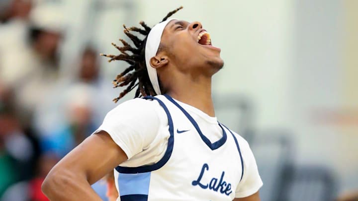 Lake Forest's Darius Miller reacts to an early basket in the first half of Seaford's 65-62 win at Lake Forest High, Tuesday, Jan. 30, 2024.