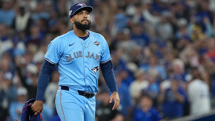 Oct 31, 2025; Toronto, Ontario, CAN; Toronto Blue Jays pitcher Seranthony Dominguez (48) reacts after getting a strike out against the Los Angeles Dodgers in the eighth inning for game six of the 2025 MLB World Series at Rogers Centre. Mandatory Credit: Nick Turchiaro-Imagn Images