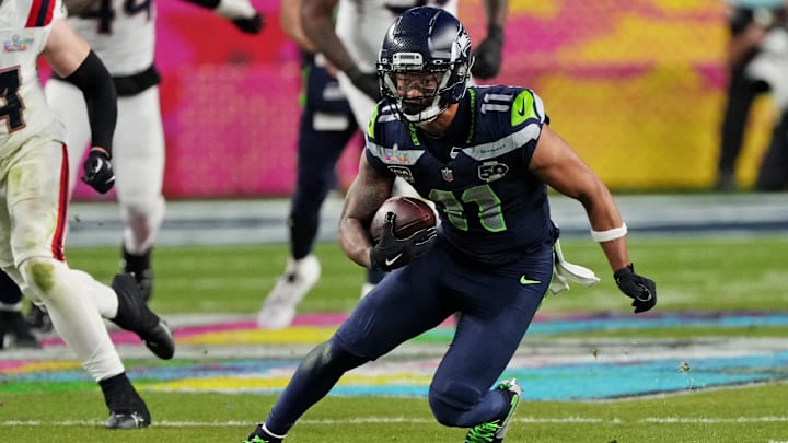 Feb 8, 2026; Santa Clara, CA, USA; Seattle Seahawks wide receiver Jaxon Smith-Njigba (11) runs the ball during the third quarter against the New England Patriots in Super Bowl LX at Levi's Stadium. Mandatory Credit: Cary Edmondson-Imagn Images