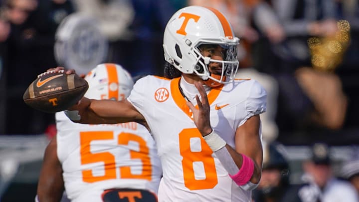 Tennessee quarterback Nico Iamaleava (8) throws the ball during the first quarter at FirstBank Stadium in Nashville, Tenn., Saturday, Nov. 30, 2024.