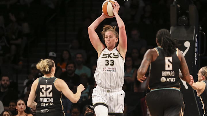 Aug 23, 2022; Brooklyn, New York, USA; Chicago Sky forward Emma Meesseman (33) grabs a rebound in the first quarter against the New York Liberty at Barclays Center. Mandatory Credit: Wendell Cruz-Imagn Images Aug 23, 2022; Brooklyn, New York, USA; Chicago Sky forward Emma Meesseman (33) grabs a rebound in the first quarter against the New York Liberty at Barclays Center. Mandatory Credit: Wendell Cruz-Imagn Images