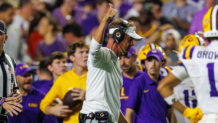 Sep 5, 2026; Baton Rouge, Louisiana, USA; LSU Tigers head coach Lane Kiffin reacts to a play against Clemson Tigers during the first half at Tiger Stadium. Mandatory Credit: Stephen Lew-Imagn Images Sep 5, 2026; Baton Rouge, Louisiana, USA; LSU Tigers head coach Lane Kiffin reacts to a play against Clemson Tigers during the first half at Tiger Stadium. Mandatory Credit: Stephen Lew-Imagn Images