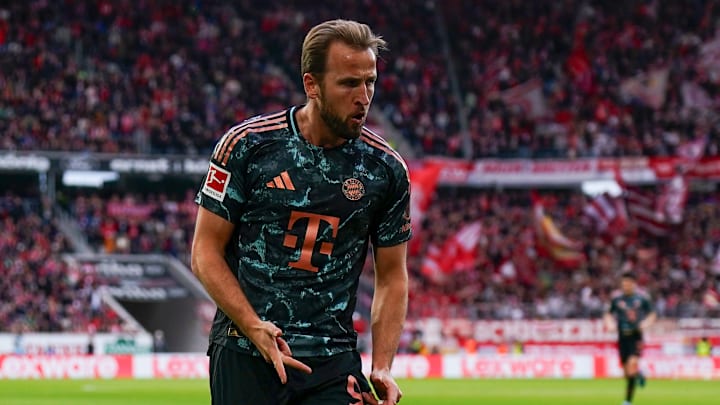 Harry Kane celebrates after scoring for Bayern Munich against Freiburg.